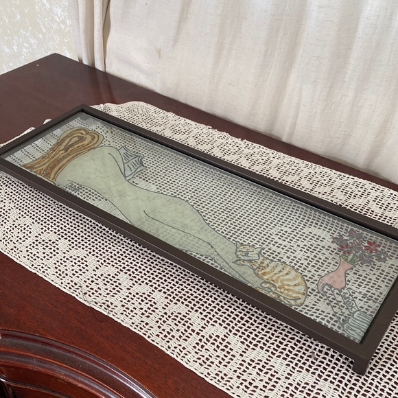 Original handmade dresser counter displaytray nude girl reading with cat